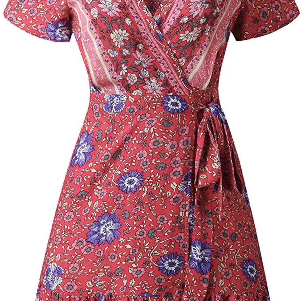 Red and Blue Flower Wrap Dress